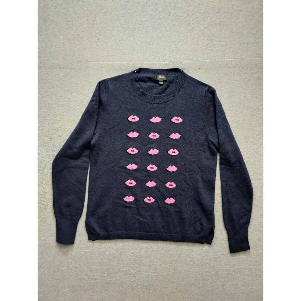 J Crew Women Sweater L Navy Pink 100%Cashmere Lip Print Crew Neck Comfort Casual
